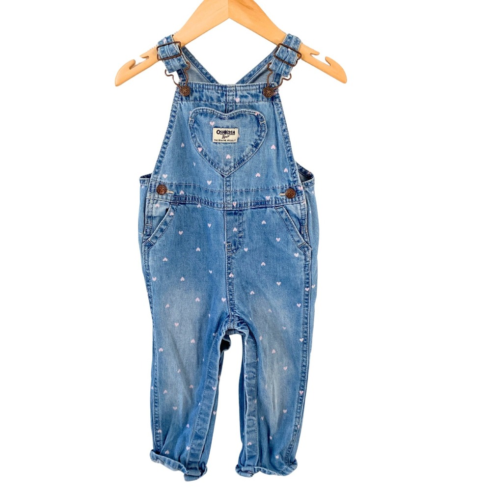 OshKosh Denim Overalls Heart Print Adjustable Straps 24M